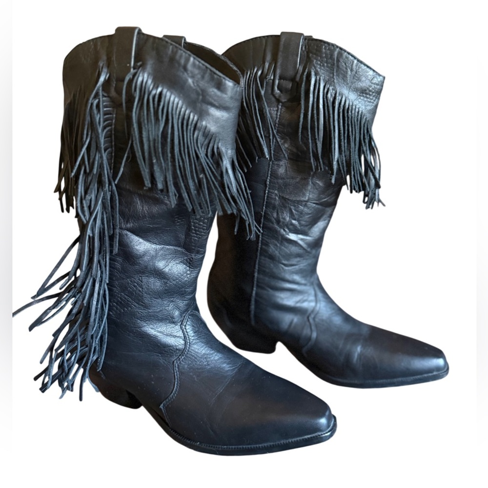 ACME Vintage Fringe Cowboy Boots Black Leather Boho Western Size 6.5